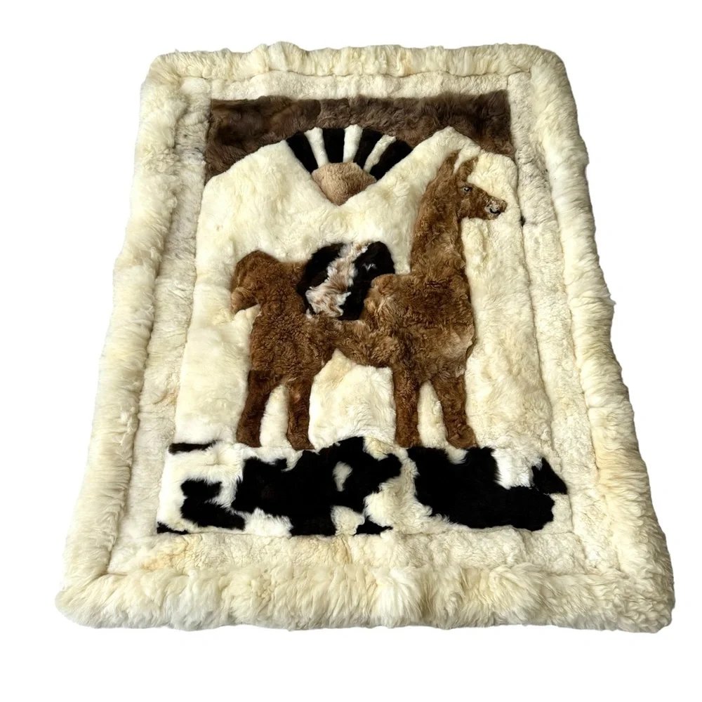 Vintage Alpaca Rug Wool Llama Fur Peruvian Size 65” x 50”
